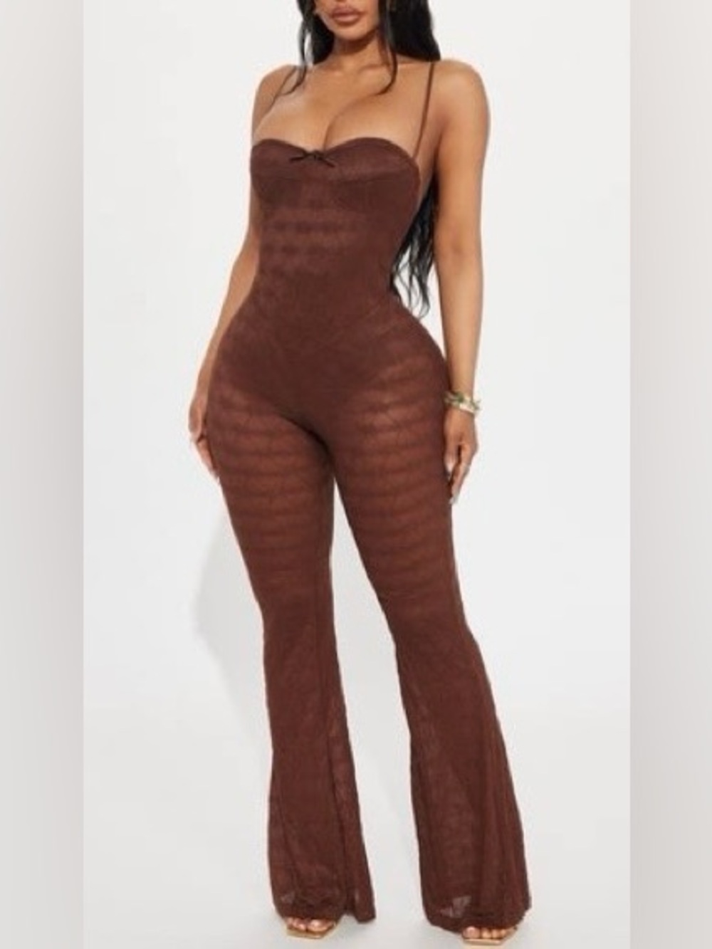 Fashion Nova Brown Sheer Strapless Flared Jumpsuit